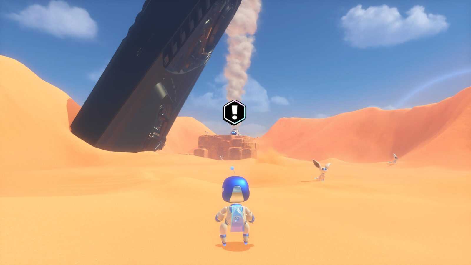 astro bot swoi na pustyni i patrzy na rozbita rakietę