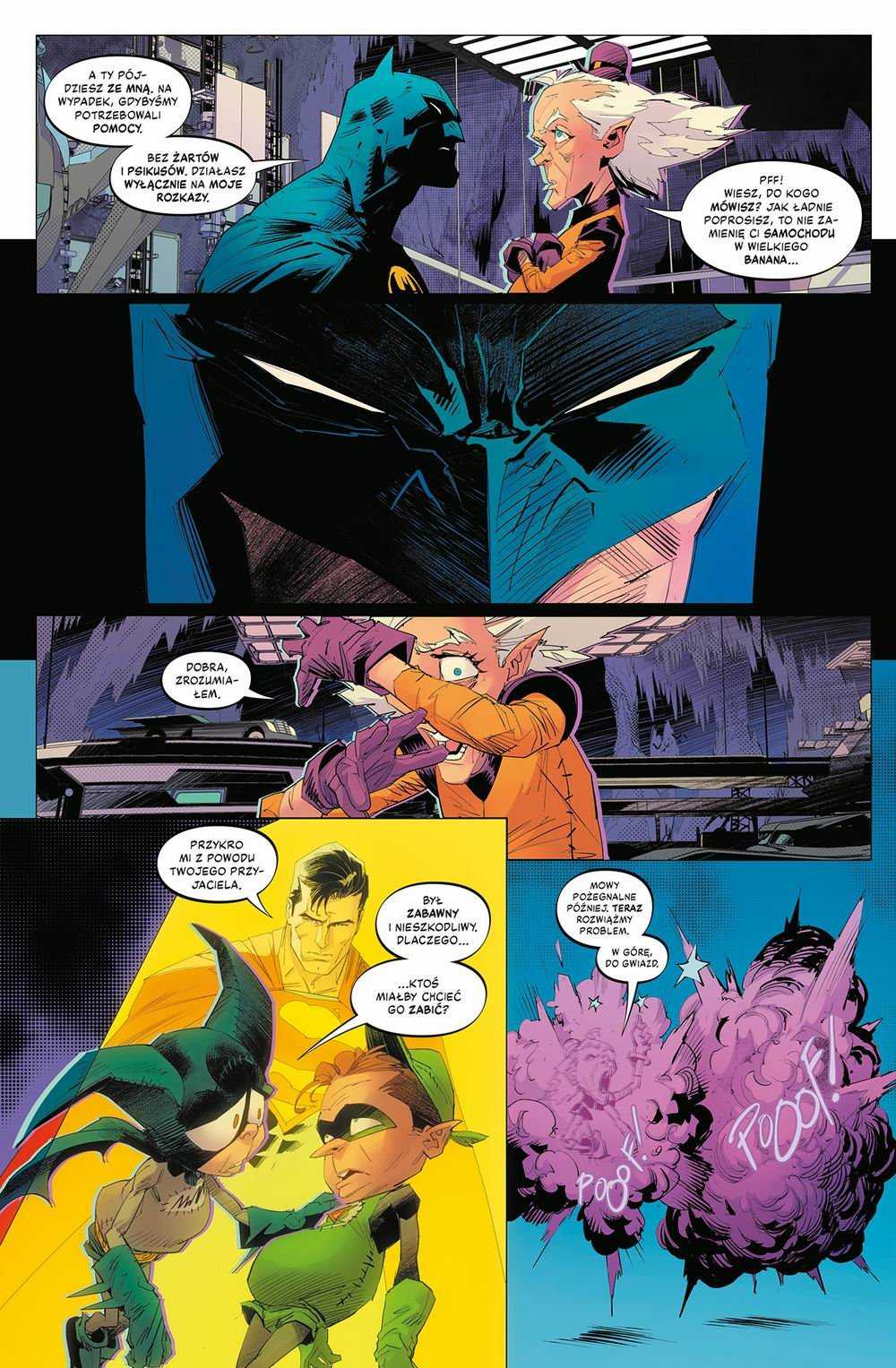 Grafika przedstawiająca przykładową stronę z komiksu Batman/Superman. World's Finest: Niemożliwe. Tom 6