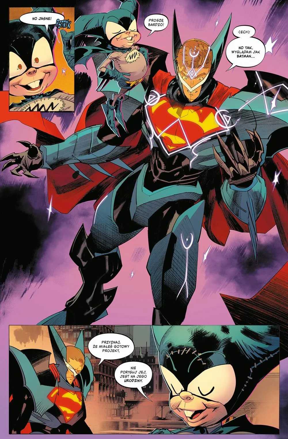 Grafika przedstawiająca przykładową stronę z komiksu Batman/Superman. World's Finest: Niemożliwe. Tom 6