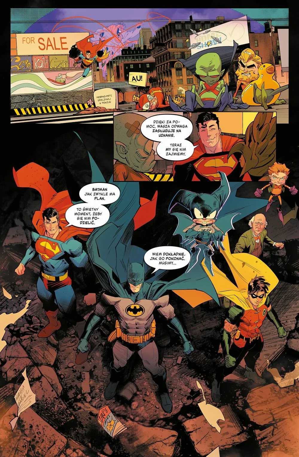 Grafika przedstawiająca przykładową stronę z komiksu Batman/Superman. World's Finest: Niemożliwe. Tom 6